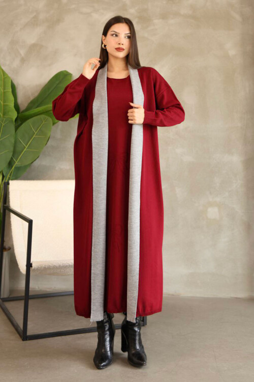 Bordo Bisiklet Yaka Elbise Ve Hırka Tesettür Alt Üst Takım BCES-252024