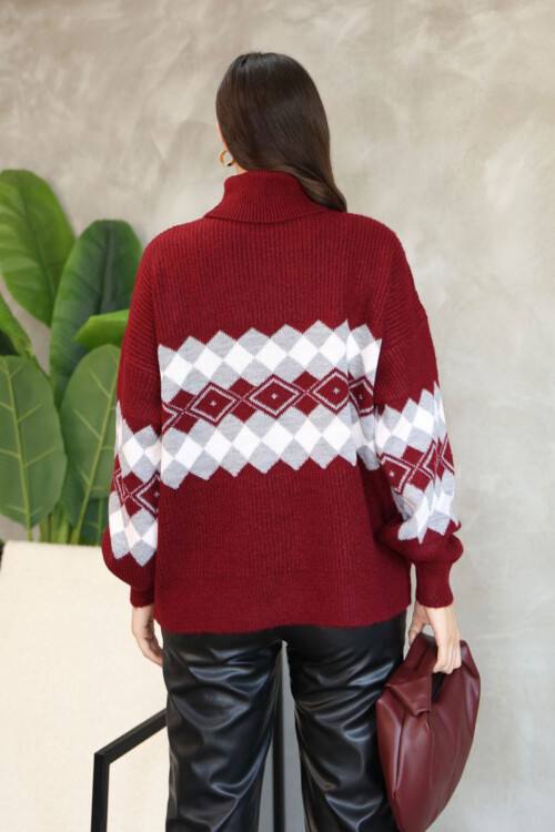 Bordo Boğazlı Desenli Triko Kazak BCES-252010