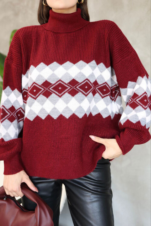 Bordo Boğazlı Desenli Triko Kazak BCES-252010