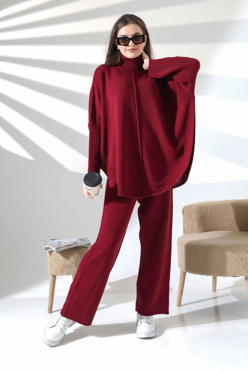 Bordo Boğazlı Salaş Kesim Kazak Ve Fit Pantolon Alt Üst Triko Takım BCES-252033