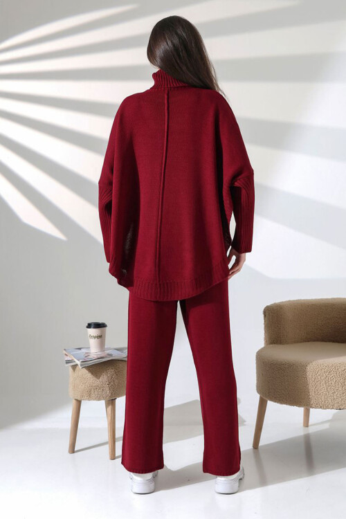 Bordo Boğazlı Salaş Kesim Kazak Ve Fit Pantolon Alt Üst Triko Takım BCES-252033