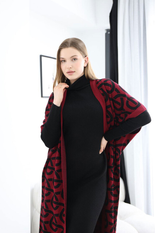 Bordo Boğazlı Triko Elbise Ve Uzun Desenli Hırka Alt Üst Takım BCES-252040