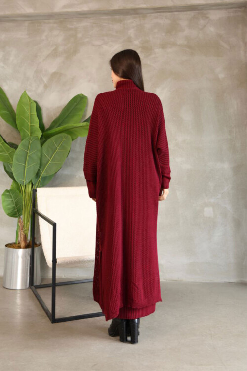 Bordo Boğazlı Uzun Kol Triko Elbise Ve Uzun Hırka Tesettür Alt Üst Triko Takım BCES-252039