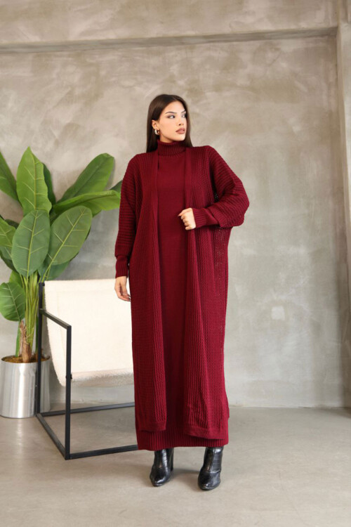 Bordo Boğazlı Uzun Kol Triko Elbise Ve Uzun Hırka Tesettür Alt Üst Triko Takım BCES-252039