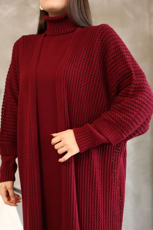 Bordo Boğazlı Uzun Kol Triko Elbise Ve Uzun Hırka Tesettür Alt Üst Triko Takım BCES-252039