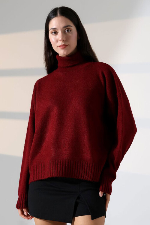 Bordo Boğazlı Yumuşak Dokulu Triko Kazak BCES-252023