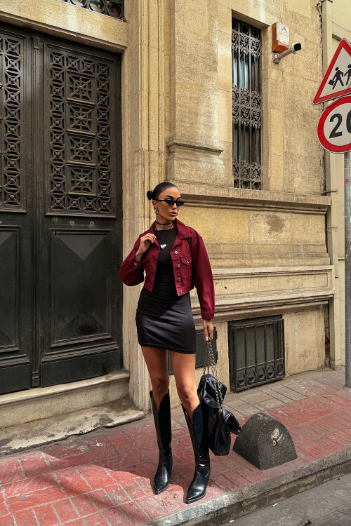 Bordo Çift Cep Denim Crop Ceket BCDF-255419