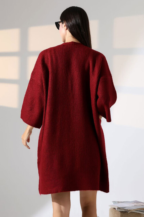 Bordo Çift Cepli Yarım Kol Uzun Boy Triko Hırka BCES-252019