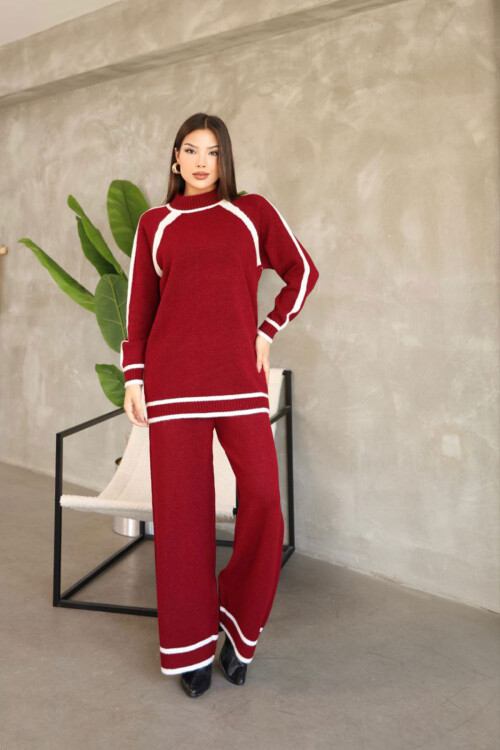 Bordo Çizgi Detaylı Bisiklet Yaka Tunik Ve Geniş Paça Triko Alt Üst Takım BCES-252030