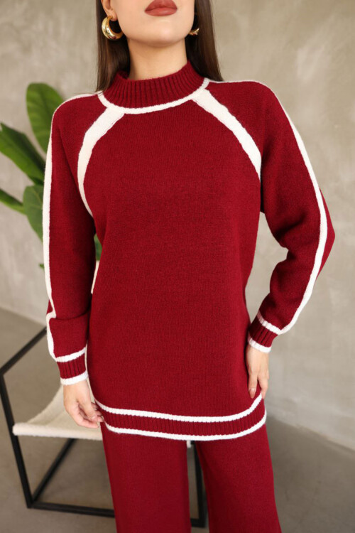 Bordo Çizgi Detaylı Bisiklet Yaka Tunik Ve Geniş Paça Triko Alt Üst Takım BCES-252030