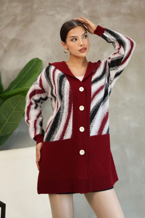 Bordo Desenli Düğme Detaylı Triko Hırka BCES-252025