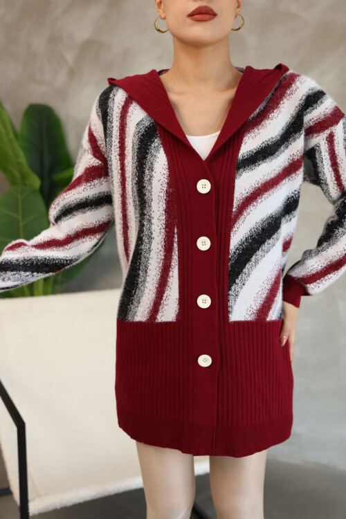 Bordo Desenli Düğme Detaylı Triko Hırka BCES-252025