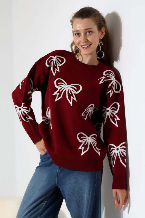 Bordo Fiyonk Desenli Triko Kazak BCES-252045