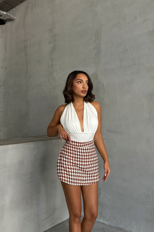 Bordo Kapaklı Kazayağı Desenli Şort Etek BCHN-2526218