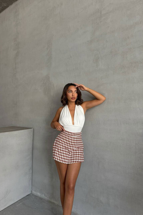 Bordo Kapaklı Kazayağı Desenli Şort Etek BCHN-2526218