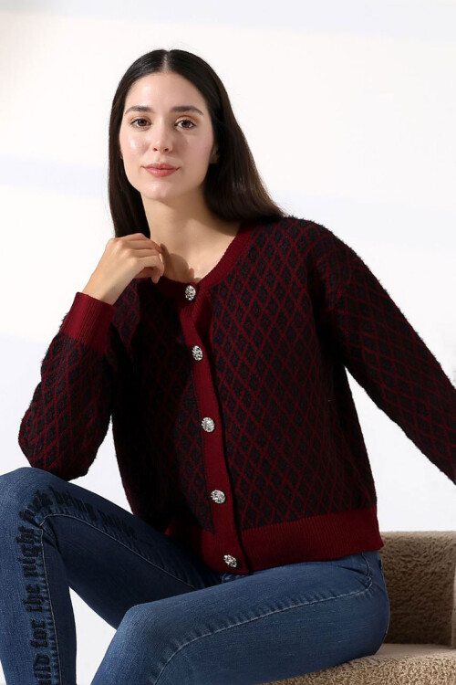 Bordo Kare Çizgi Desenli Düğmeli Triko Hırka BCES-252004