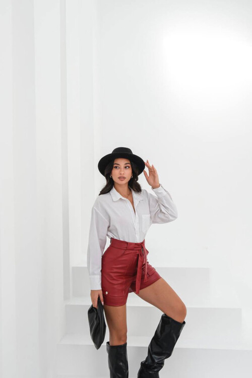 Bordo Kuşaklı Geniş Cepli Şort BCHN-25260086