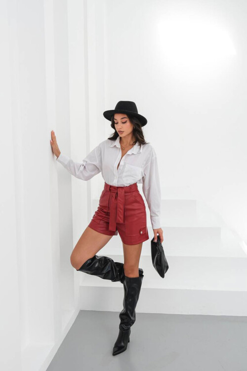 Bordo Kuşaklı Geniş Cepli Şort BCHN-25260086