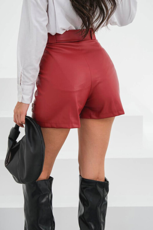 Bordo Kuşaklı Geniş Cepli Şort BCHN-25260086