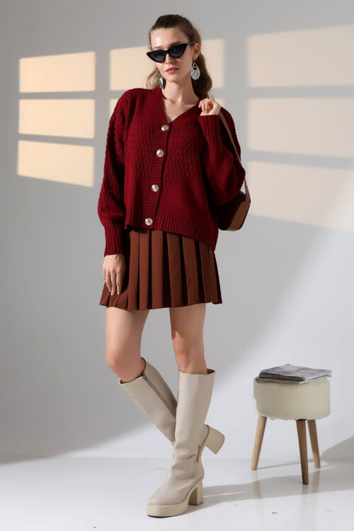 Bordo Motif Desenli Düğmeli Triko Hırka BCES-252027