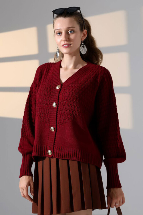 Bordo Motif Desenli Düğmeli Triko Hırka BCES-252027