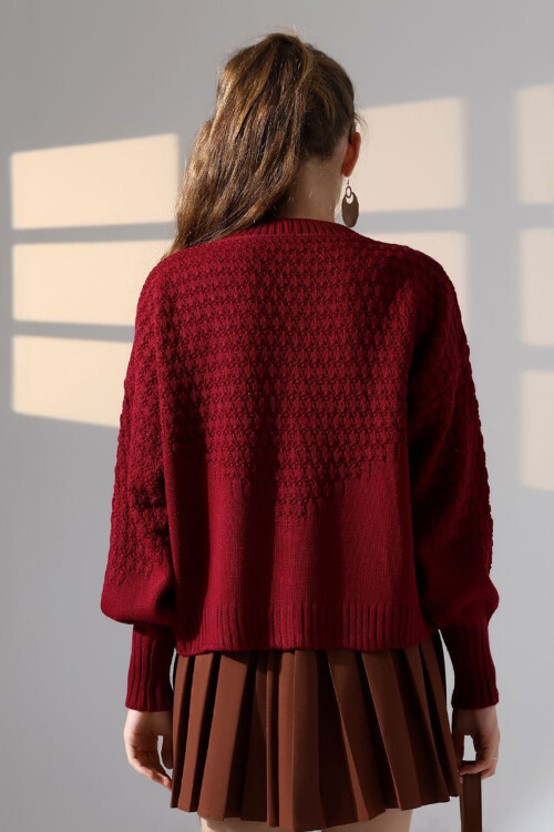 Bordo Motif Desenli Düğmeli Triko Hırka BCES-252027