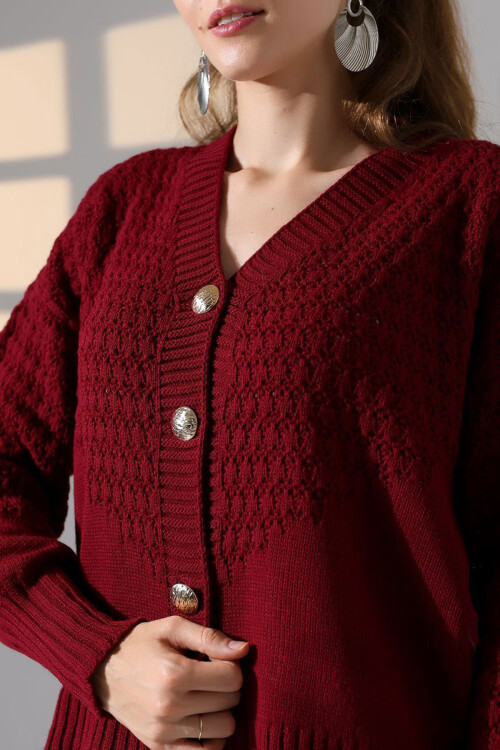 Bordo Motif Desenli Düğmeli Triko Hırka BCES-252027