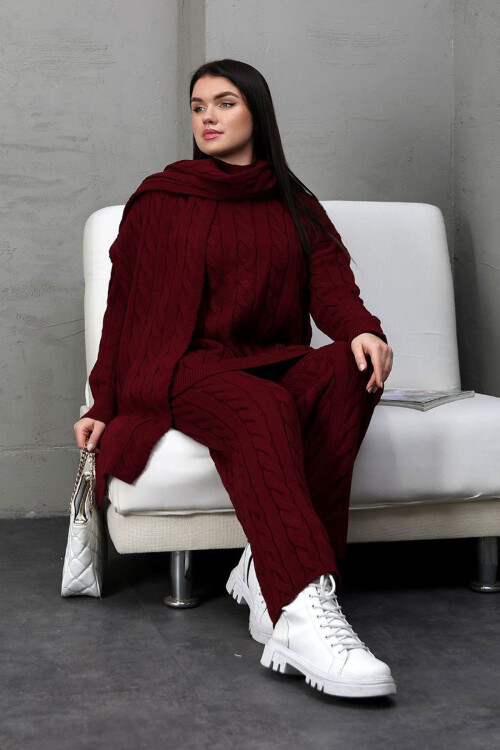Bordo Örgü Motifli Kazak Hırka Ve Pantolon 3 Lü Triko Takım BCES-252031