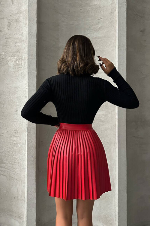 Bordo Piliseli Yüksek Bel Etek BCHN-25261564