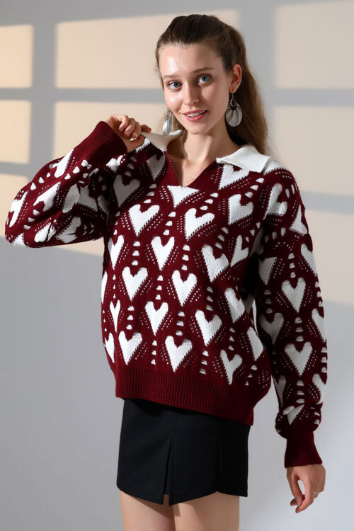 Bordo Polo Yaka Kalp Desenli Triko Kazak BCES-252026