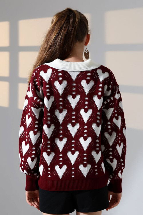 Bordo Polo Yaka Kalp Desenli Triko Kazak BCES-252026