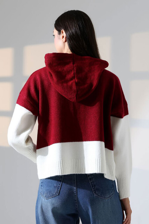 Bordo Renk Bloklu Kapüşonlu Düğmeli Triko Hırka BCES-252017