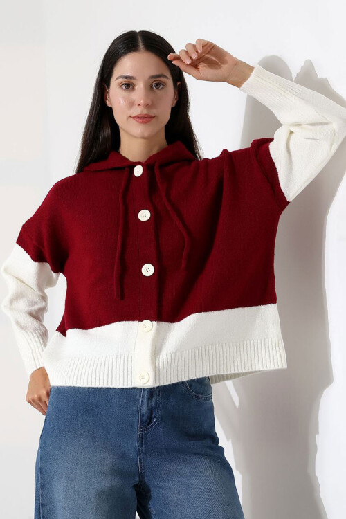 Bordo Renk Bloklu Kapüşonlu Düğmeli Triko Hırka BCES-252017