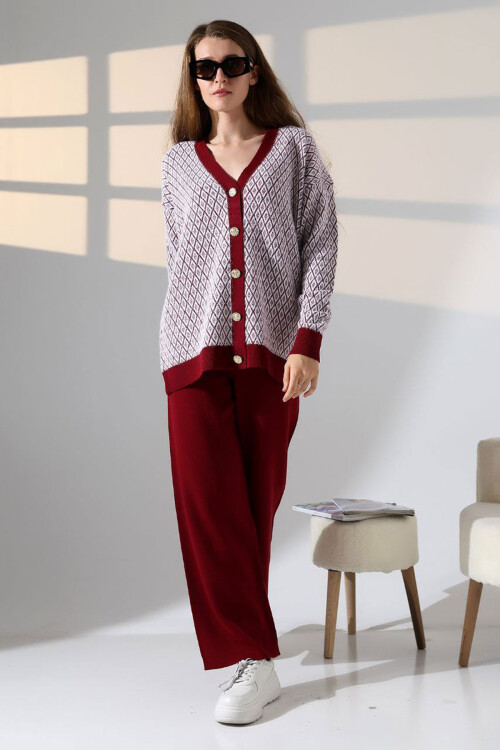 Bordo V Yaka Düğmeli Hırka Ve Pantolon Alt Üst Triko Takım BCES-252011