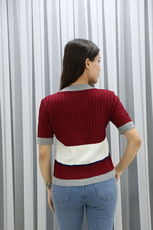 Bordo V Yaka Renk Bloklu Düğmeli Triko Bluz BCES-252013