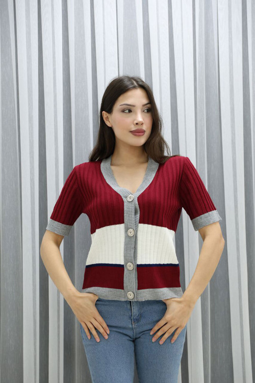 Bordo V Yaka Renk Bloklu Düğmeli Triko Bluz BCES-252013