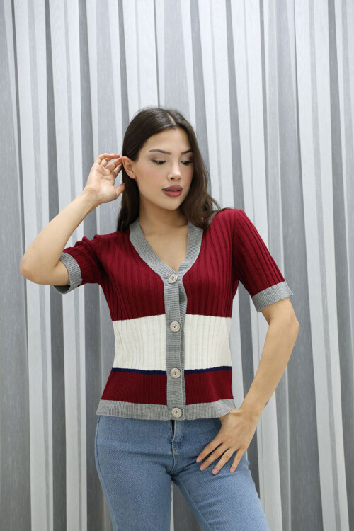 Bordo V Yaka Renk Bloklu Düğmeli Triko Bluz BCES-252013