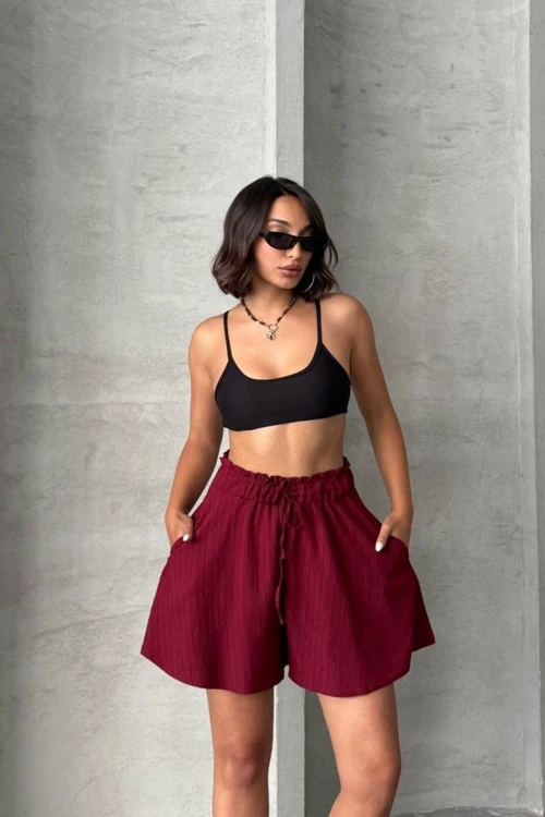 Bordo Volanlı Rahat Kalıp Beli Lastikli Keten Şort BCHN-25255058