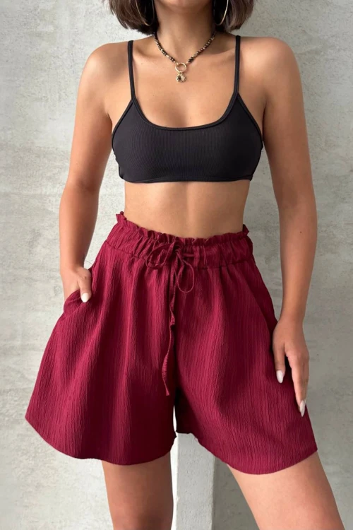 Bordo Volanlı Rahat Kalıp Beli Lastikli Keten Şort BCHN-25255058