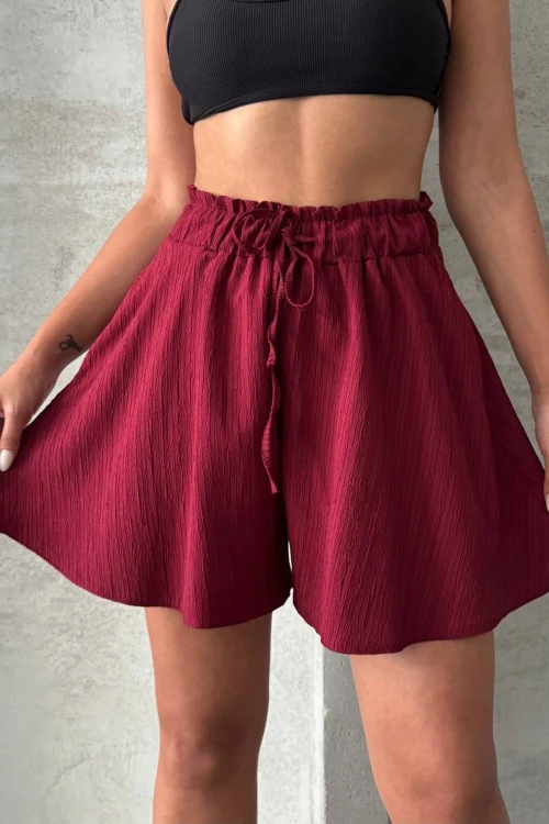 Bordo Volanlı Rahat Kalıp Beli Lastikli Keten Şort BCHN-25255058