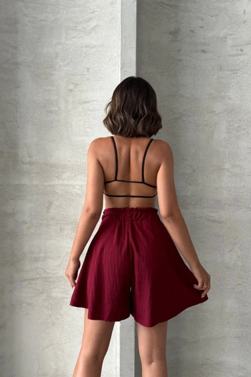 Bordo Volanlı Rahat Kalıp Beli Lastikli Keten Şort BCHN-25255058