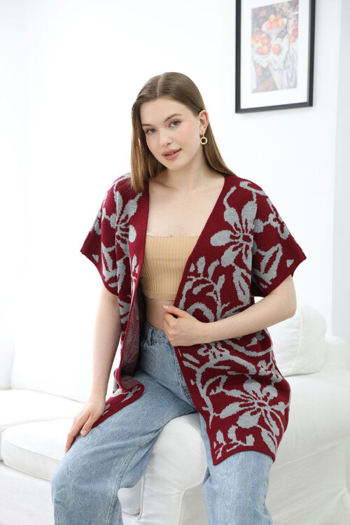 Bordo Yarım Kol Desenli Triko Hırka BCES-252007