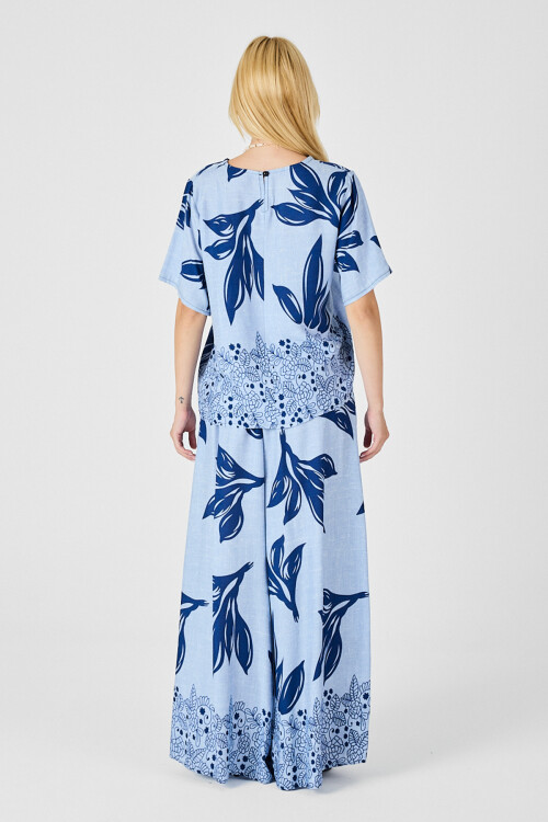 Buz Mavi Yaprak Desenli Oversize Bluz Ve Bol Paça Pantolon Takım