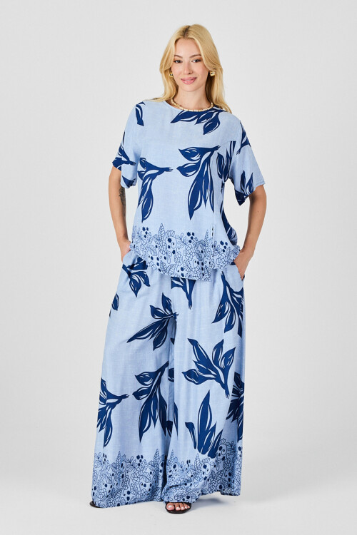 Buz Mavi Yaprak Desenli Oversize Bluz Ve Bol Paça Pantolon Takım