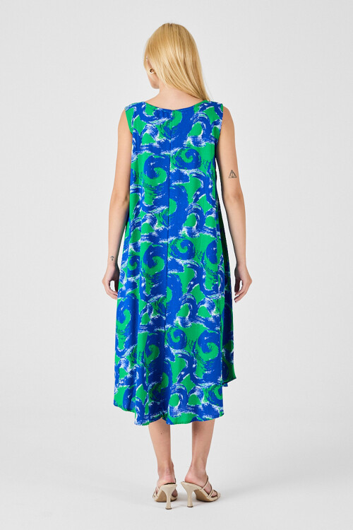 Cam Göbeği U Yaka Kolsuz Asimetrik Kesim Midi Boy Elbise