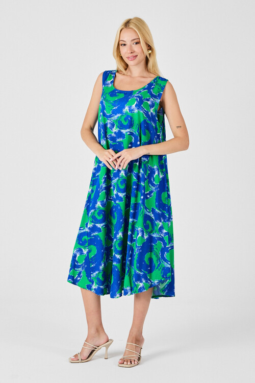 Cam Göbeği U Yaka Kolsuz Asimetrik Kesim Midi Boy Elbise