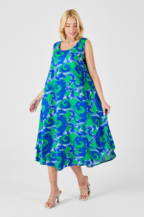 Cam Göbeği U Yaka Kolsuz Asimetrik Kesim Midi Boy Elbise