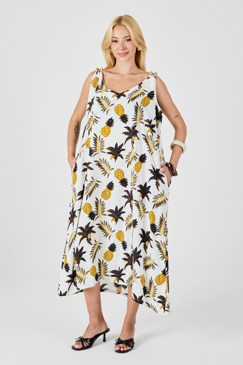 Ekru Askılı Boncuk Detaylı Çift Cepli Desenli Salaş Elbise