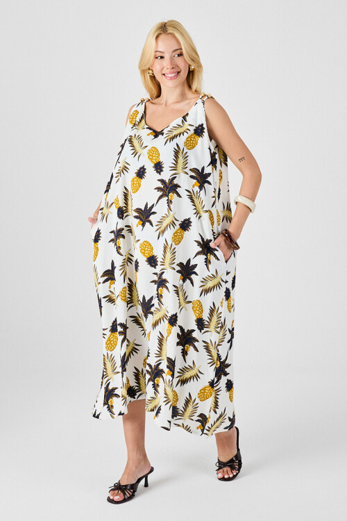 Ekru Askılı Boncuk Detaylı Çift Cepli Desenli Salaş Elbise