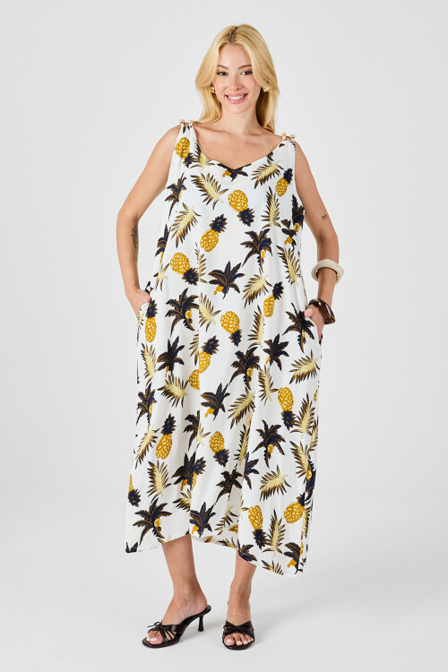 Ekru Askılı Boncuk Detaylı Çift Cepli Desenli Salaş Elbise